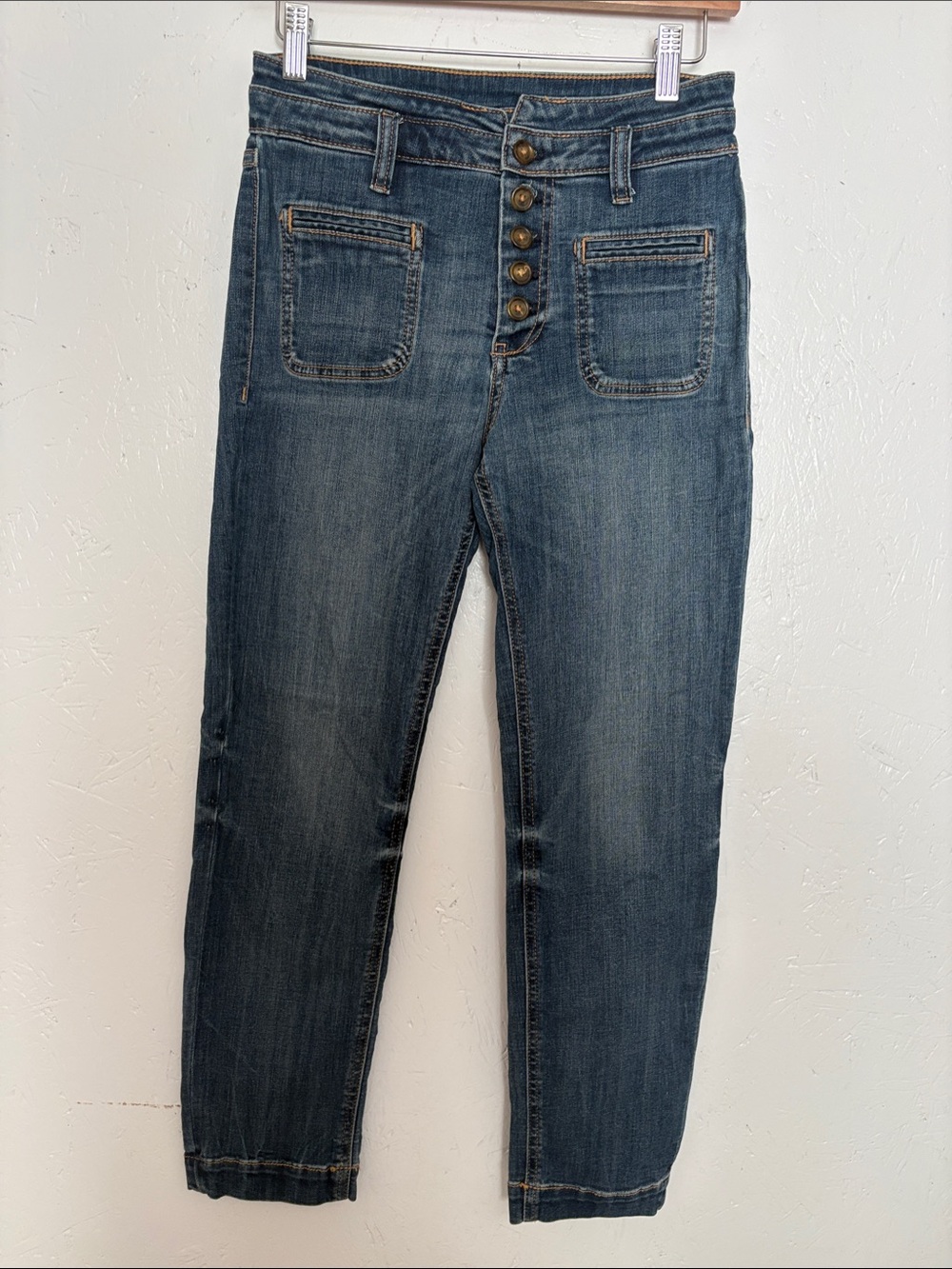 Pilcro Dark Blue Ankle Cropped High-Rise Button-Fly Jeans